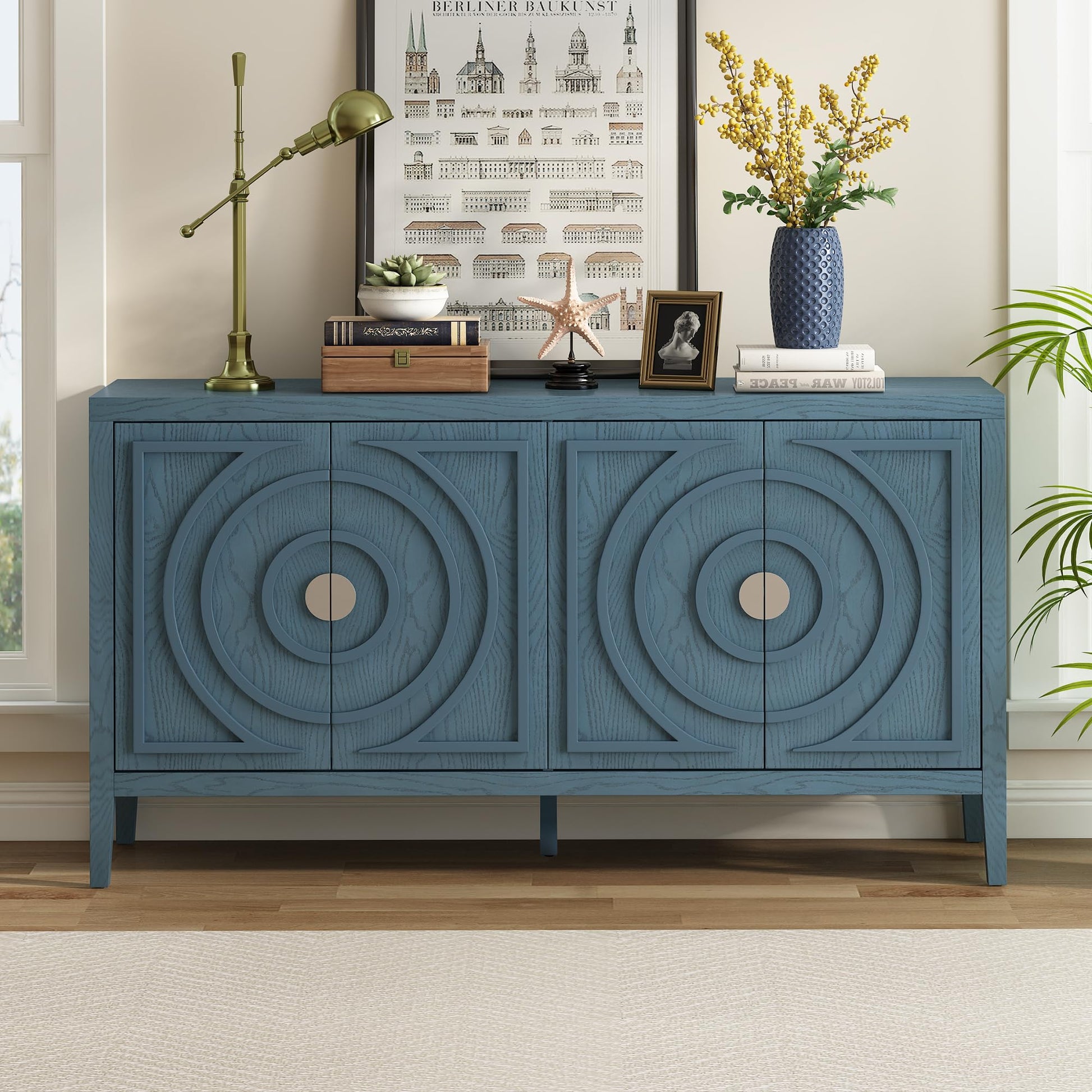 LUMISOL 60" Sideboad Buffet Cabinet with 4 Doors Large Storage Cabinet Kitchen Sideboard Cabinet with Metal Handles Solid Wood Sideboard Console - WoodArtSupply