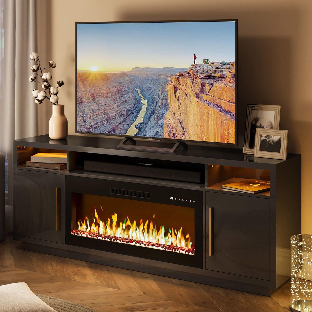 BELLEZE 70" Fireplace TV Stand for TVs Up to 75", LED Light Entertainment Center with 36" Electric Fireplace Heater, Storage Cabinet, Media Console Table for Living Room - Avenue (Black) BELLEZE