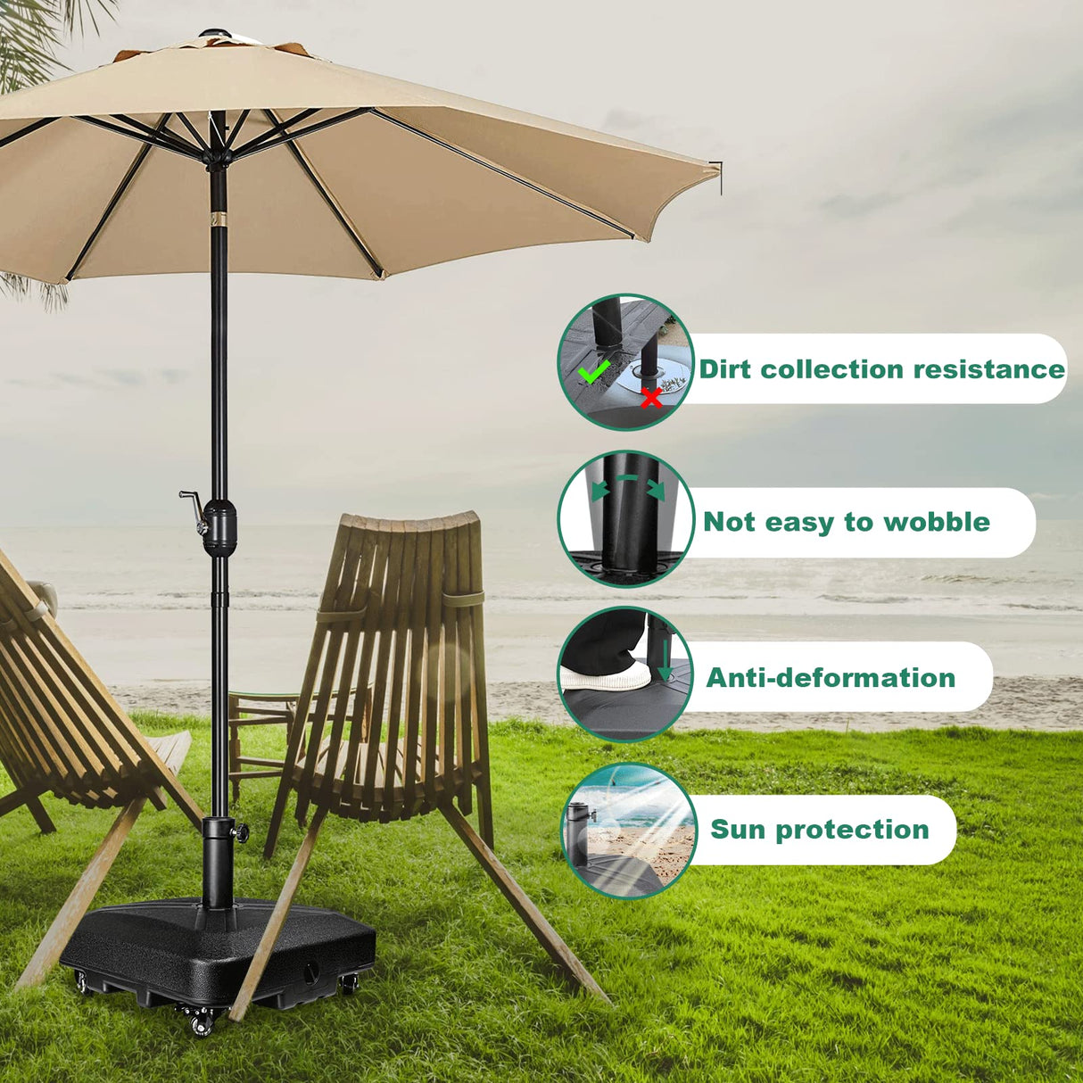 RAOKUKH DZ4733 MS Patio Umbrella Base Heavy Duty with Wheels Square Market Stand for Outdoor 4 Locks 1 Knobs 125lb Capacity, Black RAOKUKH
