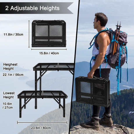 Grovind Folding Grill Table Camping Table with Mesh Desktop, Lightweight & Portable Outdoor Picnic Table, Height Adjustable Portable Grill Table for Outside Inside Use Grovind