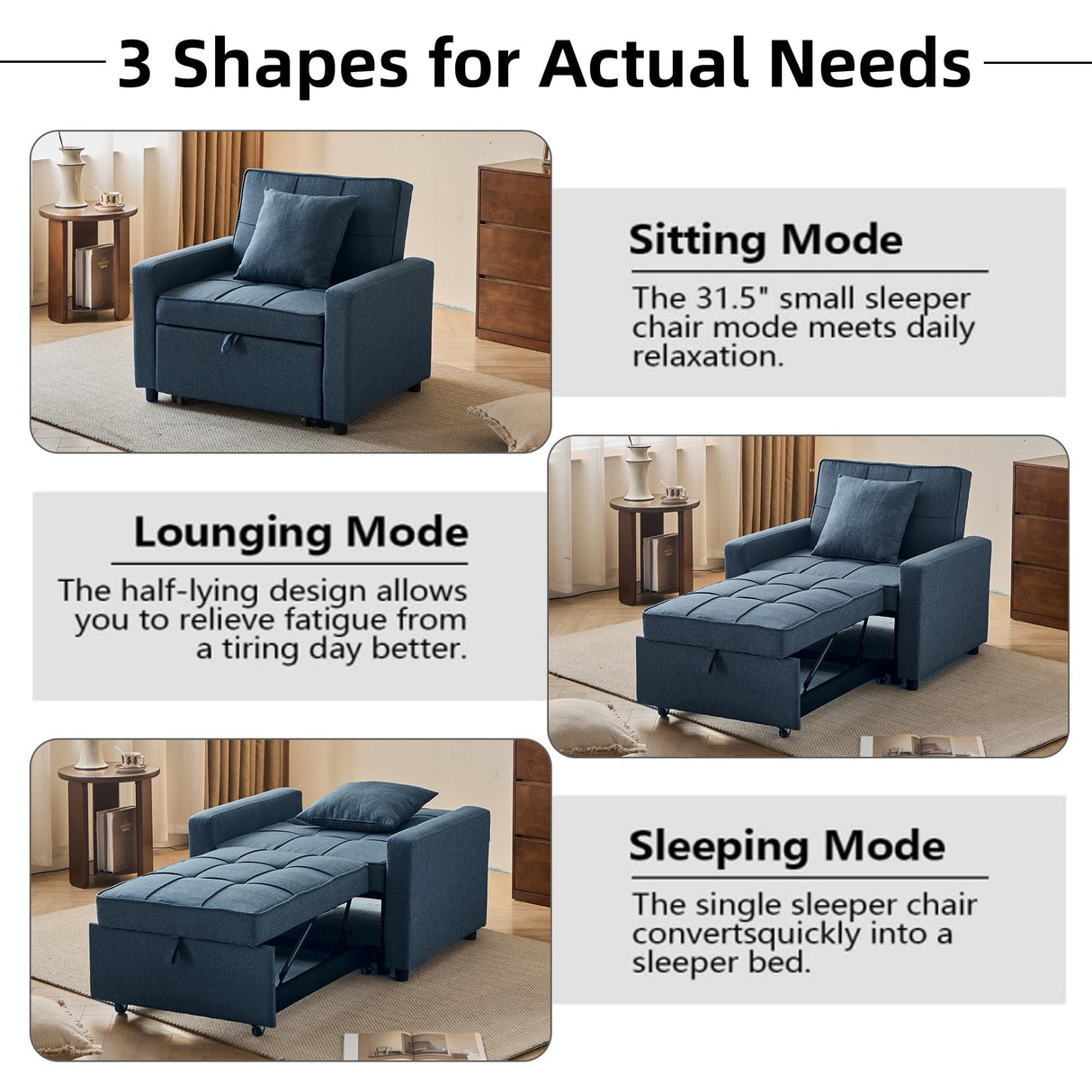 Yosonch Sofa Bed Chair Convertible ，Sleeper Sofa with Pull-Out Bed ，3-in-1 Futon Couch with Reclining Backrest and Side Pocket (Blue, 35.6‘) Yosonch