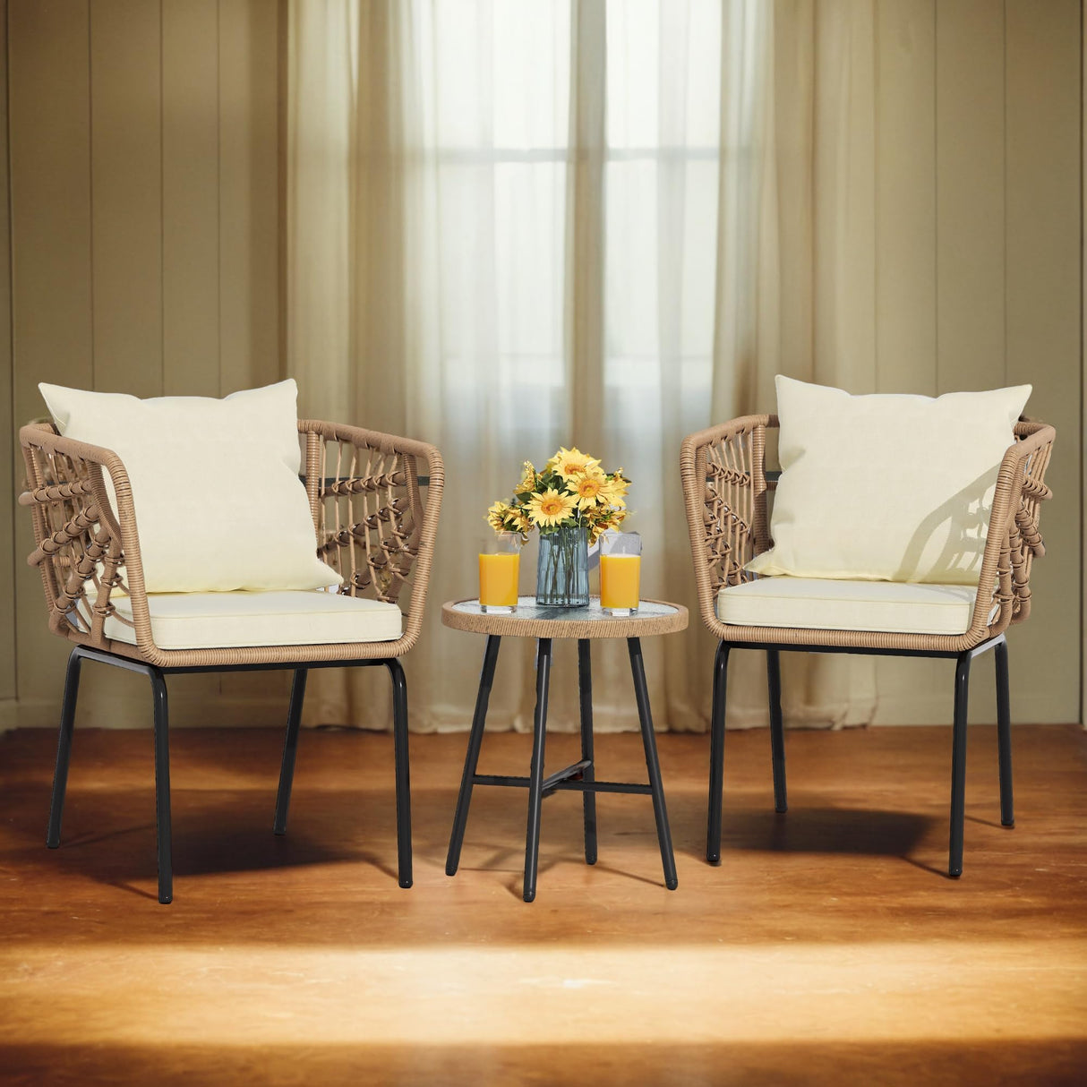 YITAHOME Accent Chairs Set of 2, Wicker Arm Chair with Soft Cushion, Comfy Living Room Chairs Mid-Century Modern Reading Chairs with Side Table for Living Room, Bedroom, Balcony, Beige YITAHOME