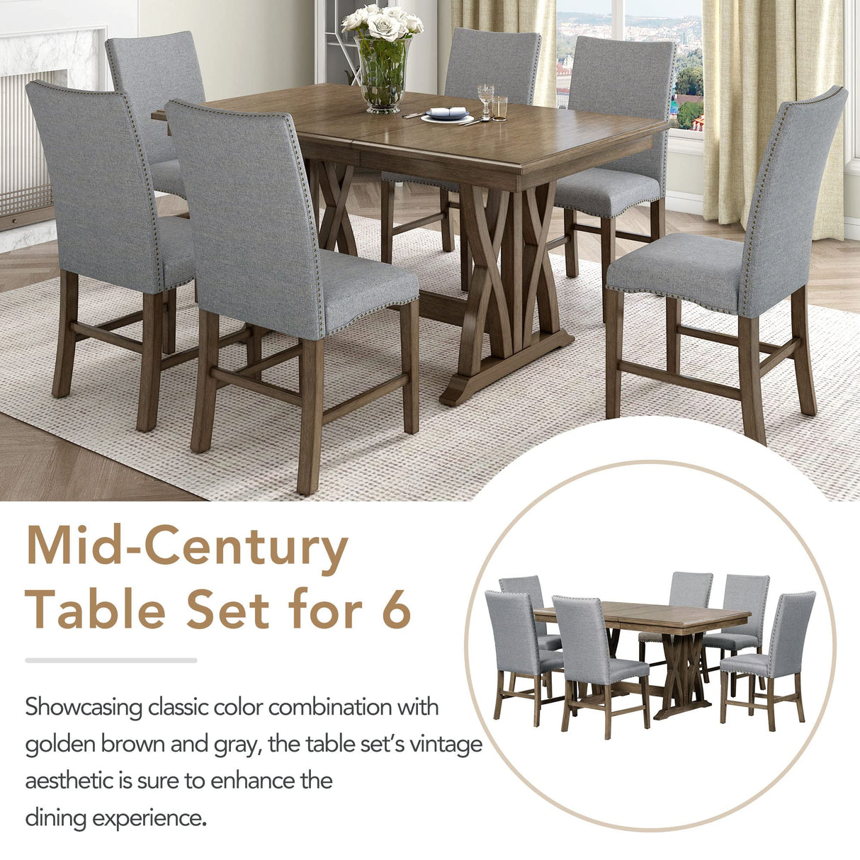 CITYLIGHT 7 Piece Dining Table Set, Extendable Table with 12” Leaf and 6 Upholstered Chairs, Wood Rectangular Dining Set, Mid-Century Kitchen Dining Table Set for 6 People (Golden Brown+Gray Cushion) CITYLIGHT