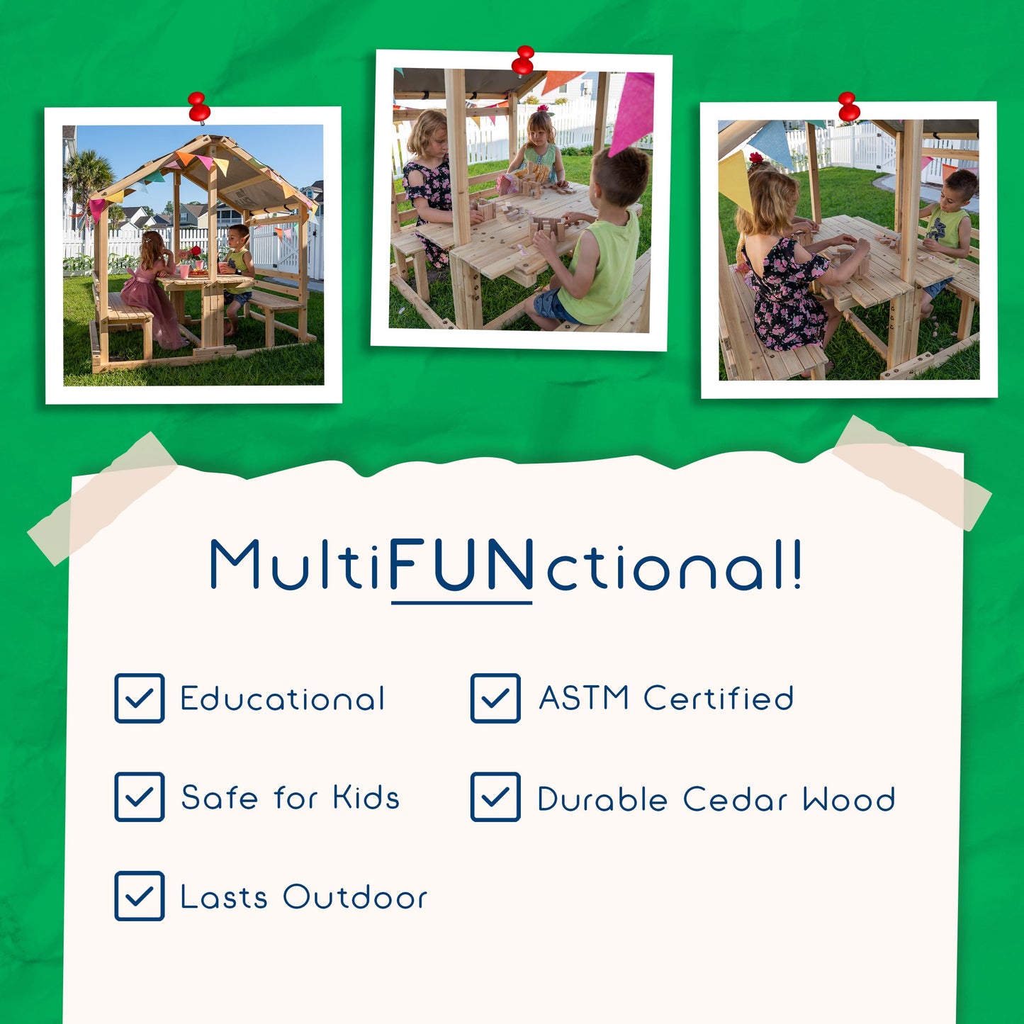 Outdoor Playhouse - Funphix Kids Klubhouse Wooden Playhouse with Table & Benches - Multifunctional Toy for Fun Play & Learning - Durable & Easy to Assemble Backyard Playground Set