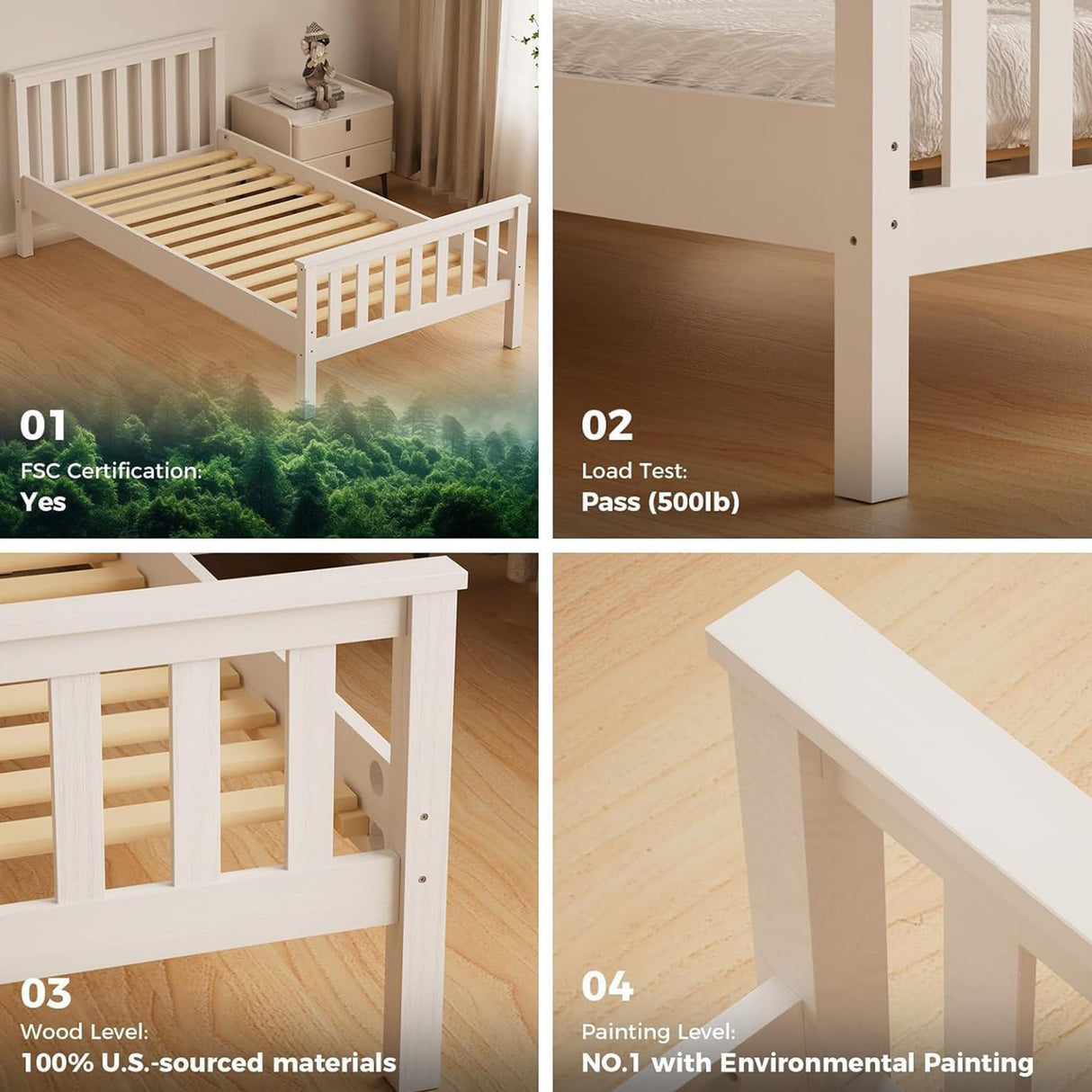 Twin Bed Frame with Headboard & Footboard,13 Wood Slats Support Wooden Platform, No Box Spring Needed, Easy Assembly, Farmhouse Style for Single Kids Room (38x75) -White KOBY HOME