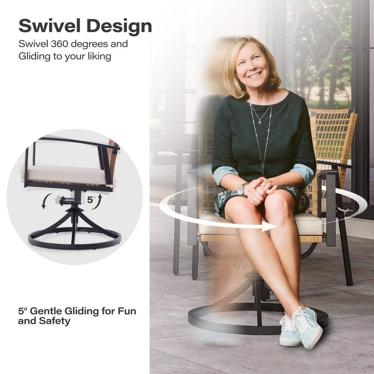 LAUSAINT HOME 7 Pieces Patio Dining Set, Outdoor Furniture Set of 6 Swivel Chairs with Soft Cushion and Iron Slats Table Top with Umbrella Hole, Conversation Set for Backyard LAUSAINT HOME