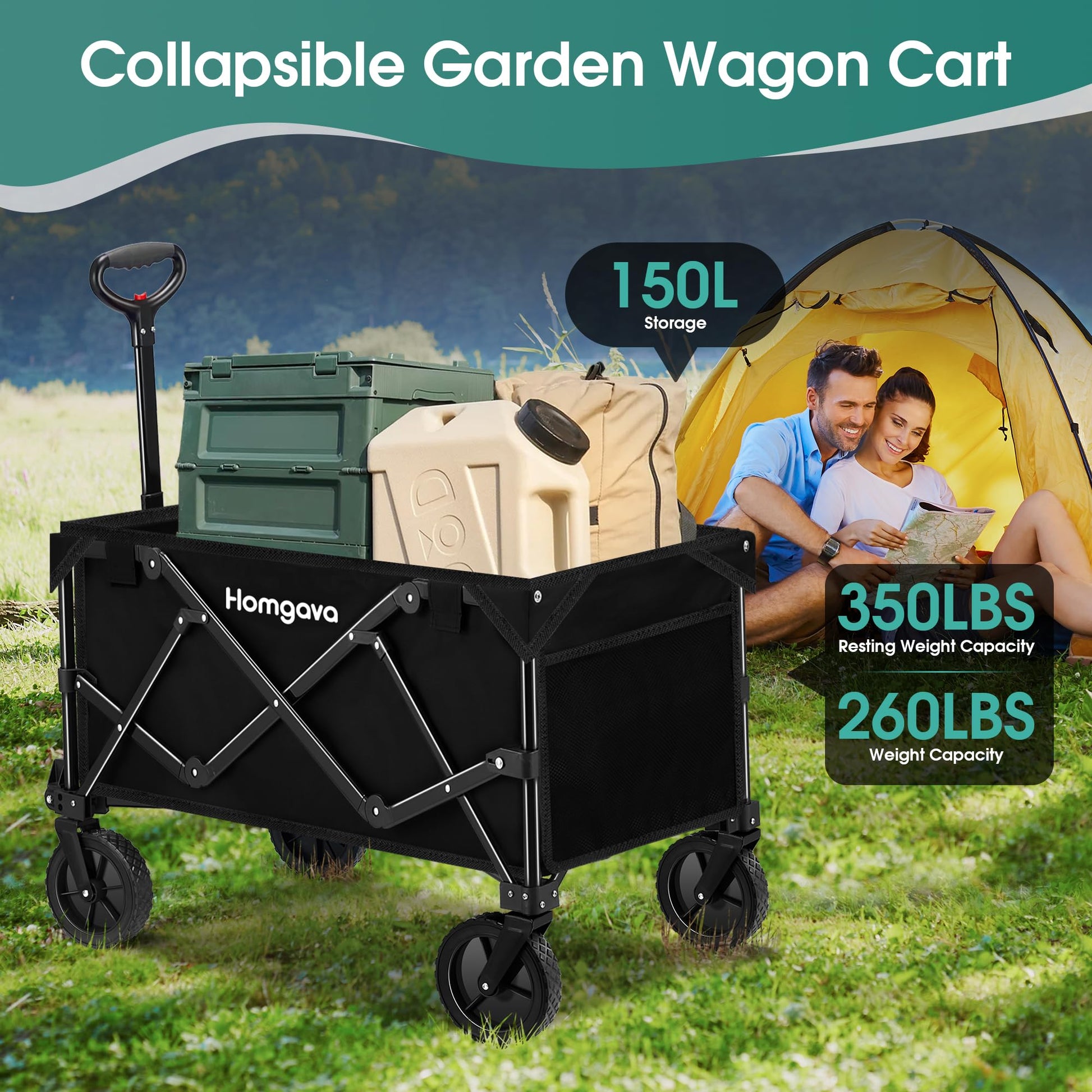 Collapsible Folding Wagon Cart,Heavy Duty Garden Cart with All Terrain Wheels,Portable Large Capacity Utility Wagon Cart for Camping Fishing Sports Shopping, Black - WoodArtSupply