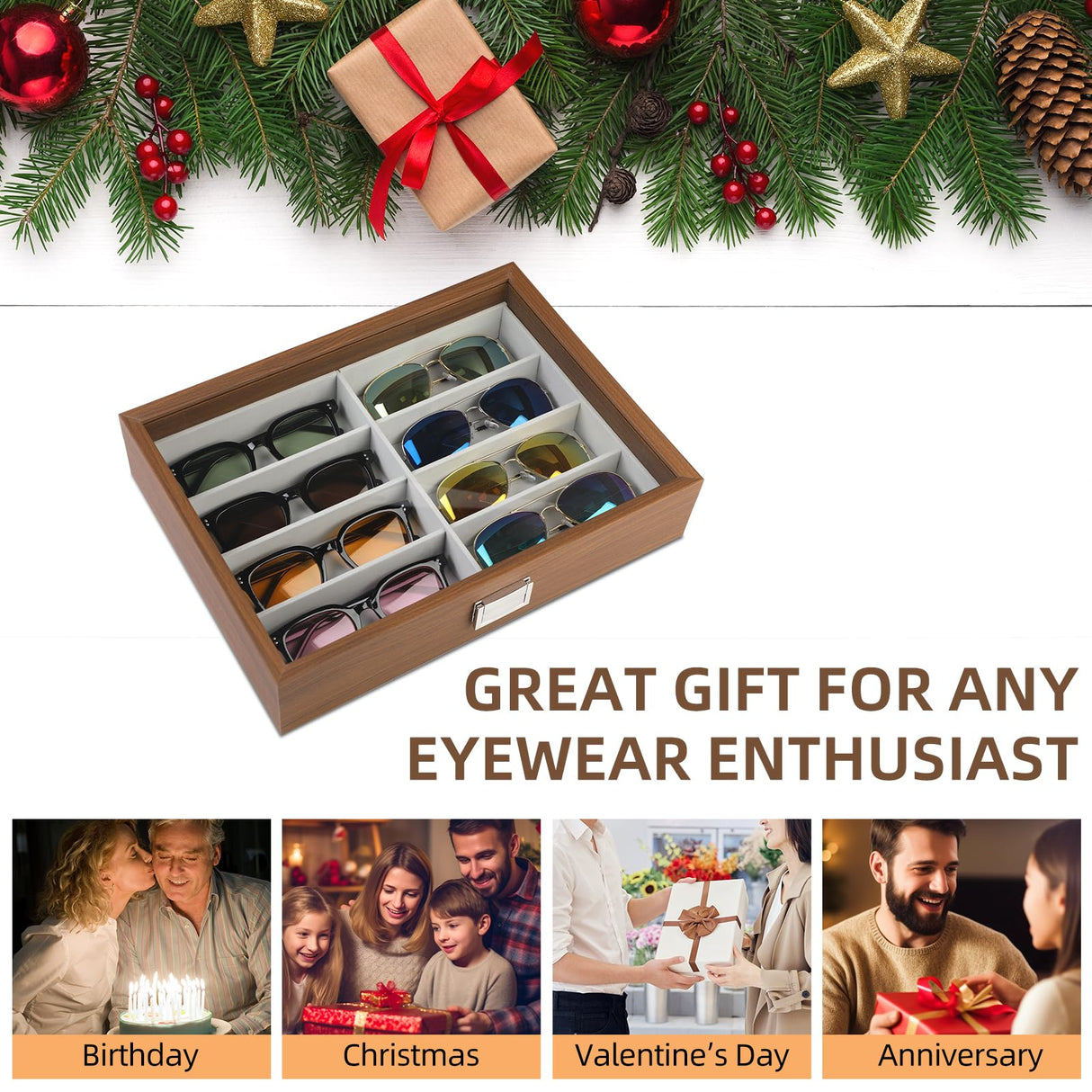 BAOJULONG Wooden Sunglasses Organizer Box, Eyewear Display Eyeglass Case for Men Women, Glasses Storage Box Sunglass Holder Gifts (8 Slots) BAOJULONG