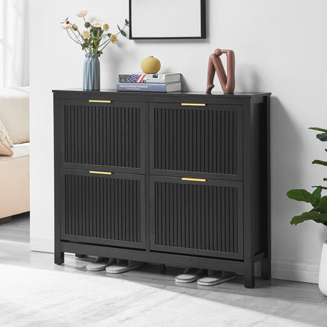 HUSHEDIFY 4 Flip Drawers Shoe Cabinet Storage for Entryway, Narrow Hidden Wood Shoes Organizer Cabinet Front Door Entrance Thin Free Standing Front Door Shoe Rack Storage for Entryway(Black) HUSHEDIFY