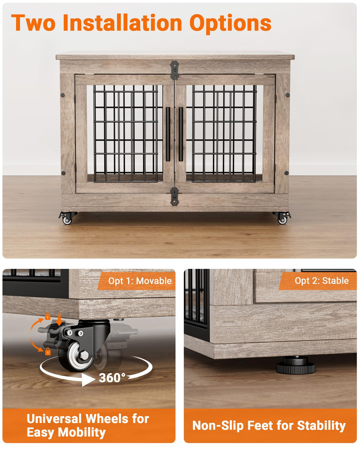 YaFiti Dog Crate Furniture with Cushion, Wooden Dog Kennel with Double Doors, Heavy Duty Dog Cage End Table with Wheels, Dog House Indoor for Small Medium Dogs up to 45 lb, 32.5” L, Grey YaFiti
