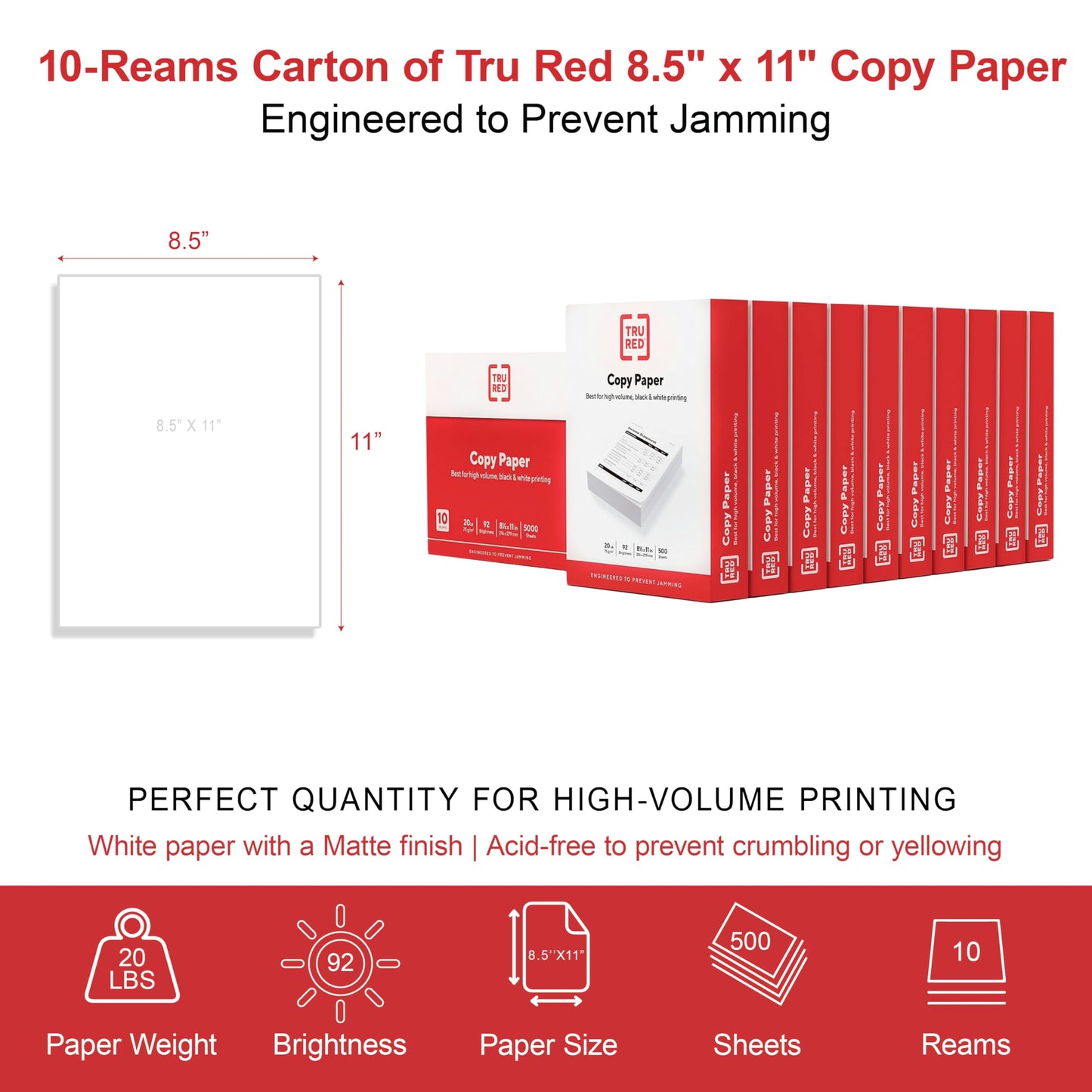 TRU RED 8.5" x 11" Copy Paper, 20 lbs., 92 Brightness, 500 Sheets/Ream, 10 Reams/Carton (TR56958)