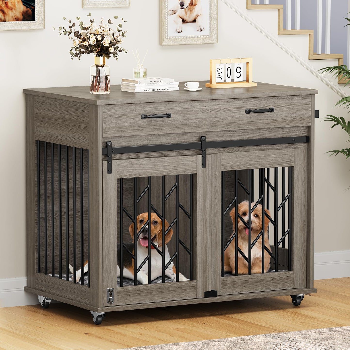 YITAHOME Dog Crate Furniture with Sliding Barn Door, 39" Wooden Dog Kennel Indoor with Storage Drawers, Double Dog Crate for 2 Small Medium Dogs, Grey