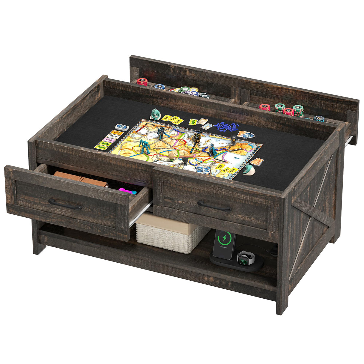DWVO Board Game Table Living Room: 3-in-1 Game & Puzzle Table with Play Mat, 4 Drawers, Power Outlet, Removable Top (Dark Oak) DWVO