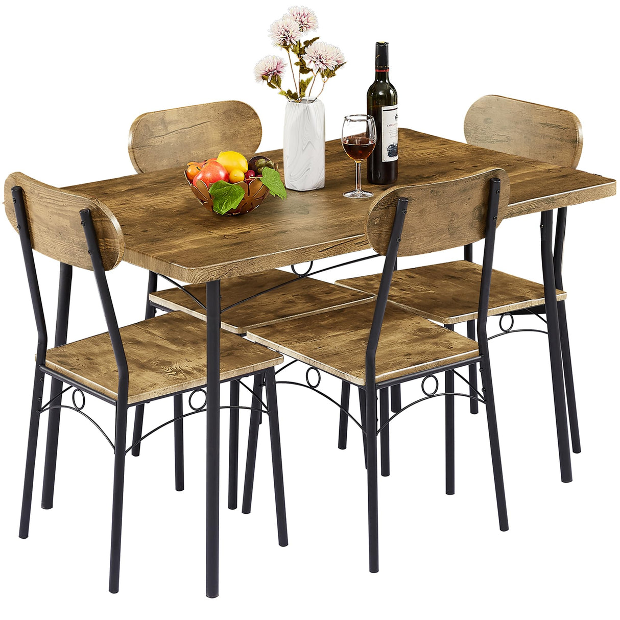 VECELO Dining Table Set for 4, 5 Piece Dinette with Chairs for Kitchen, Breakfast Nook and Small Space, Brown VECELO