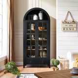 RowyPoey Farmhouse Arched Cabinet with Glass Doors, Wood Display Cabinet with Drawer and Adjustable Shelves, 71” Tall Bookshelf Modern China Storage Kitchen Pantry for Living Room,Office (Black) RowyPoey