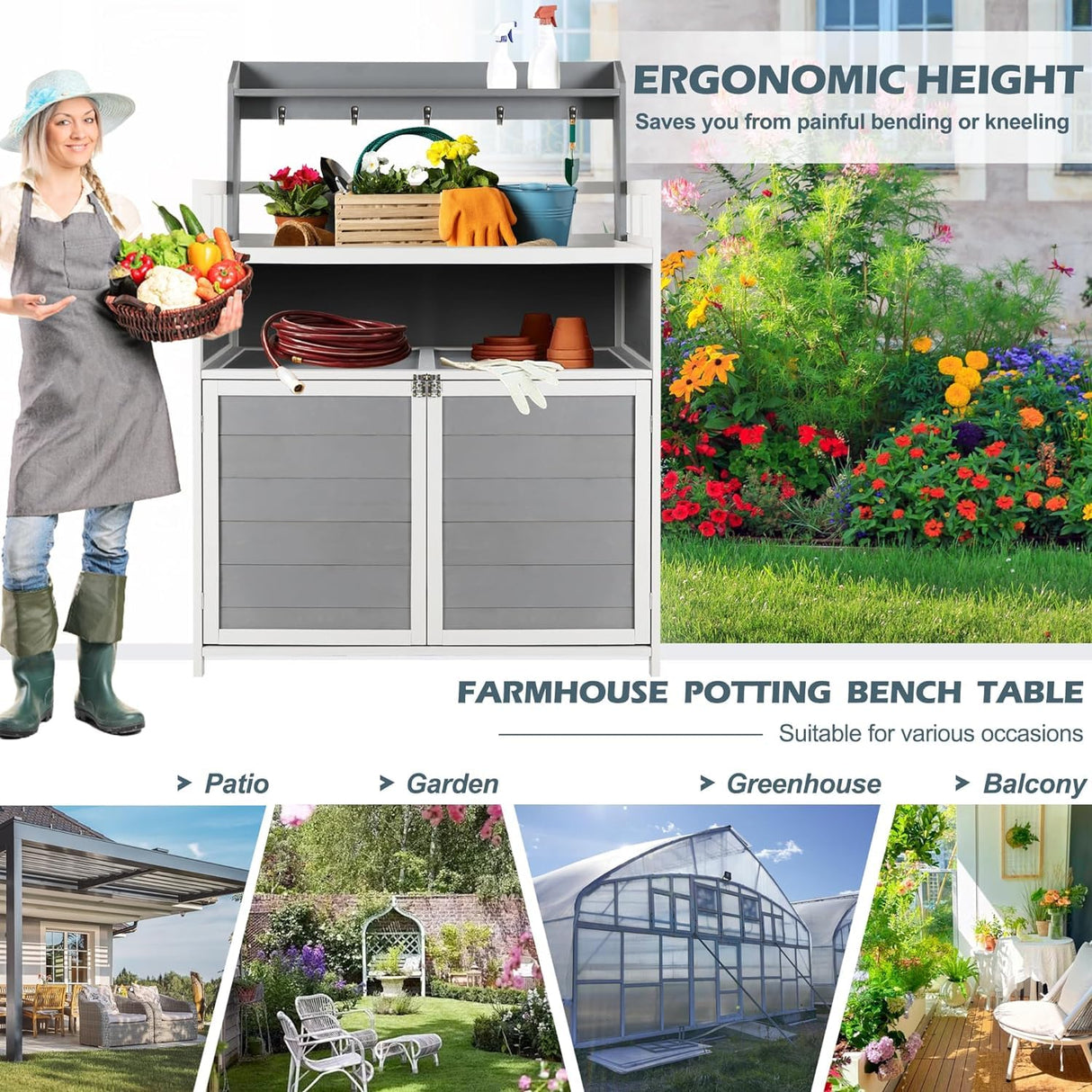 GRAVFORCE Outdoor Potting Bench Table, Garden Potting Benches for Outside Planting Work Bench Table Wooden Storage Plant Table Cabinet Gardening Table for Patio, Garden, Greenhouse, Backyard (Gray) GRAVFORCE