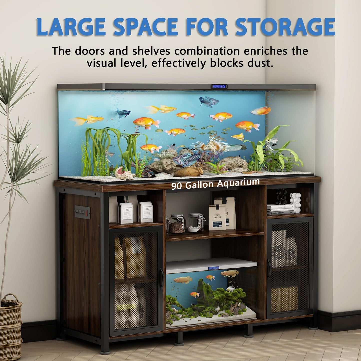 Pipleo 55-90 Gallon Fish Tank Stand with Cabinet, Aquarium Stand for Fish Tank Accessories Storage, Heavy Duty Metal Frame, Reptile Tank Turtle Terrariums Table, 52" L*19.7" W, 880LBS Capacity