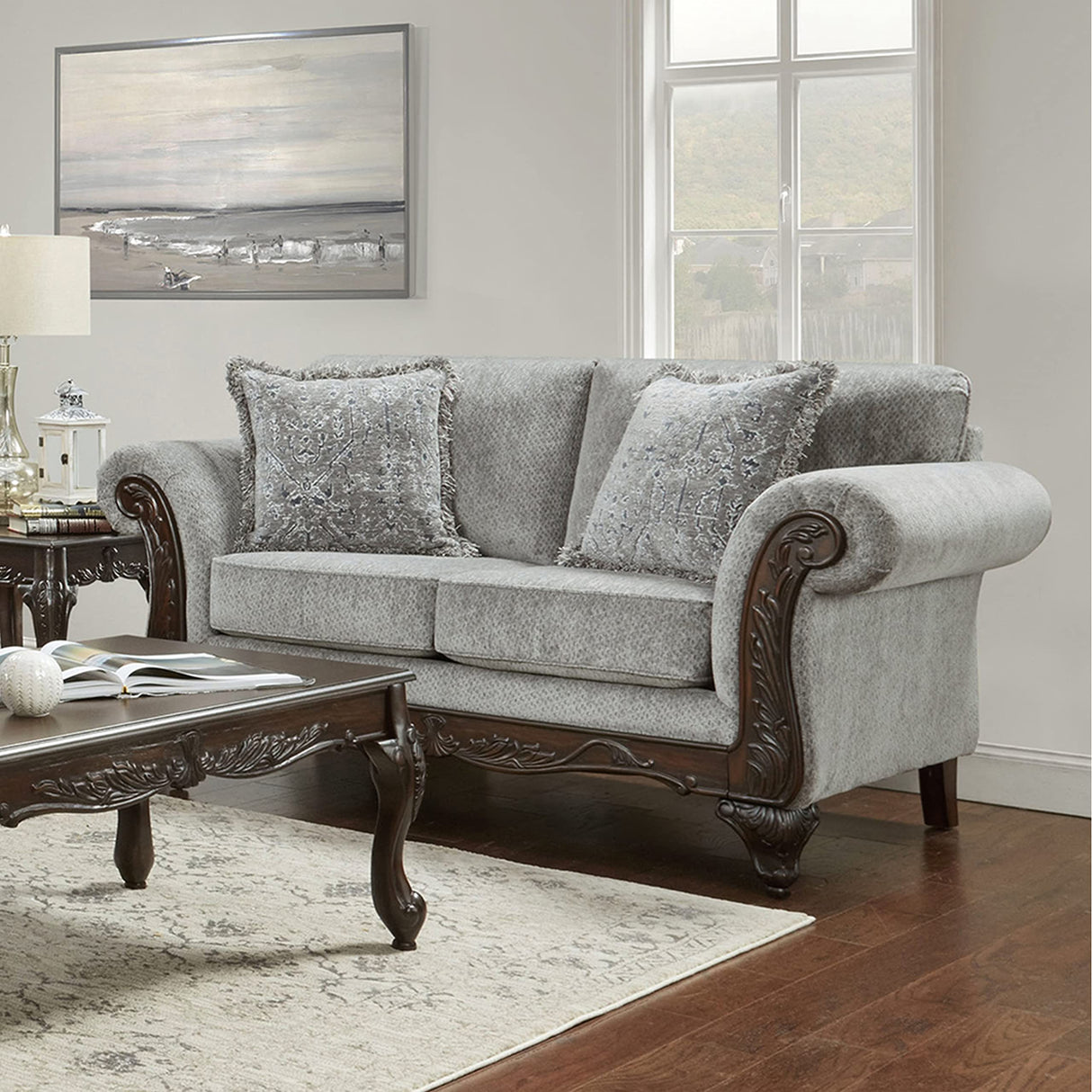 Roundhill Furniture Hernen Carved Wood Frame Sofa and Loveseat Set, Gray Roundhill Furniture