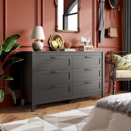 WLIVE 6 Drawer Dresser, Retro Chest of Drawers with Metal Handle, Double Wood Dresser for Bedroom, Living Room, Large Storage Cabinet, Black WLIVE