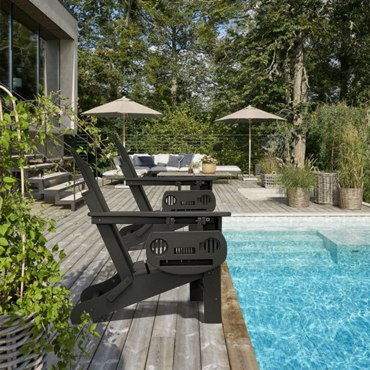 FOOWIN HDPE Folding Adirondack Chair Set of 4, All-Weather Resistant Adirondack Chair w/4 in 1 Cup Holder Trays, Adirondack Chairs for Outdoor, Patio, Lawn, Garden, Backyard Deck(Set of 4, Black) FOOWIN