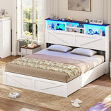 VIAGDO Farmhouse Bed Frame Queen Size with Bookcase Storage Headboard, Charging Station and LED Lights, Wooden Queen Bed Frame with 4 Drawers, Barn Door Design, No Box Spring Needed, No Noise, White VIAGDO