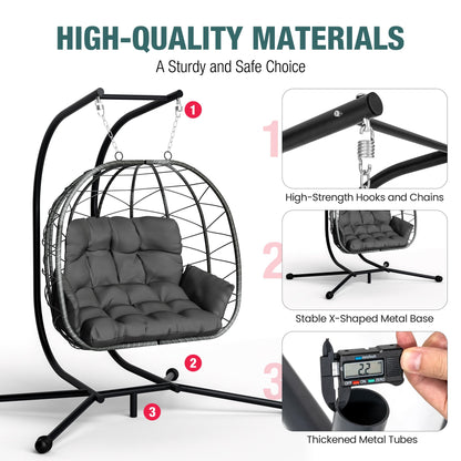 Pamapic Double Swing Egg Chair,Love Seat Proch Swing Egg Chair, 700 LBS Hanging Egg Chair with UV Resistant Wicker, Patio Furniture Waterproof Cushions Hammock Chair with Stand and Armrest, Gray