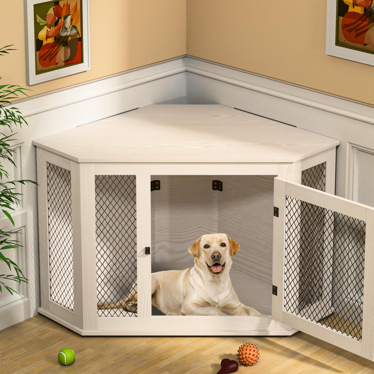 VENDORZ Corner Dog Crate Furniture, 52" Wooden Dog Kennel Furniture End Table with Mesh, Dog Kennel Indoor Furniture for Small Medium Large Dogs, Modern Decorative Wood Pet House Dog Cage Crate, Grey VENDORZ