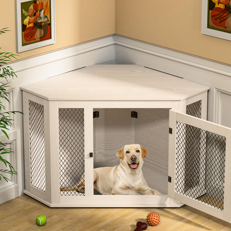 VENDORZ Corner Dog Crate Furniture, 52" Wooden Dog Kennel Furniture End Table with Mesh, Dog Kennel Indoor Furniture for Small Medium Large Dogs, Modern Decorative Wood Pet House Dog Cage Crate, Grey VENDORZ