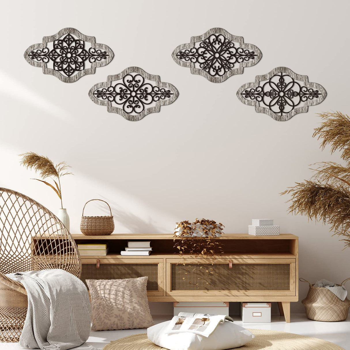 4 Pieces Thicken Rustic Wall Decor Modern Farmhouse Wall Art Decor Wooden Hollow Carved Design Rustic Wall Art for Living Room Bedroom Hallway Decor Office Kitchen Wall Decoration (Fresh Style) Yulejo