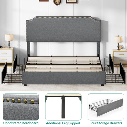 YITAHOME Gray Upholstered King Bed Frame with 4 Storage Drawers & Adjustable Headboard