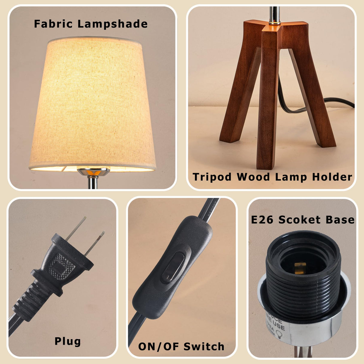 Dreamholder Wood Bedside Table Lamp, Tripod Desk Lamp with On-Off Switch, Nightstand Lamp with Fabric Shade for Reading, Bedroom, Living Room, Office, Walnut Base with Linen Shade(Without Bulb) Dreamholder