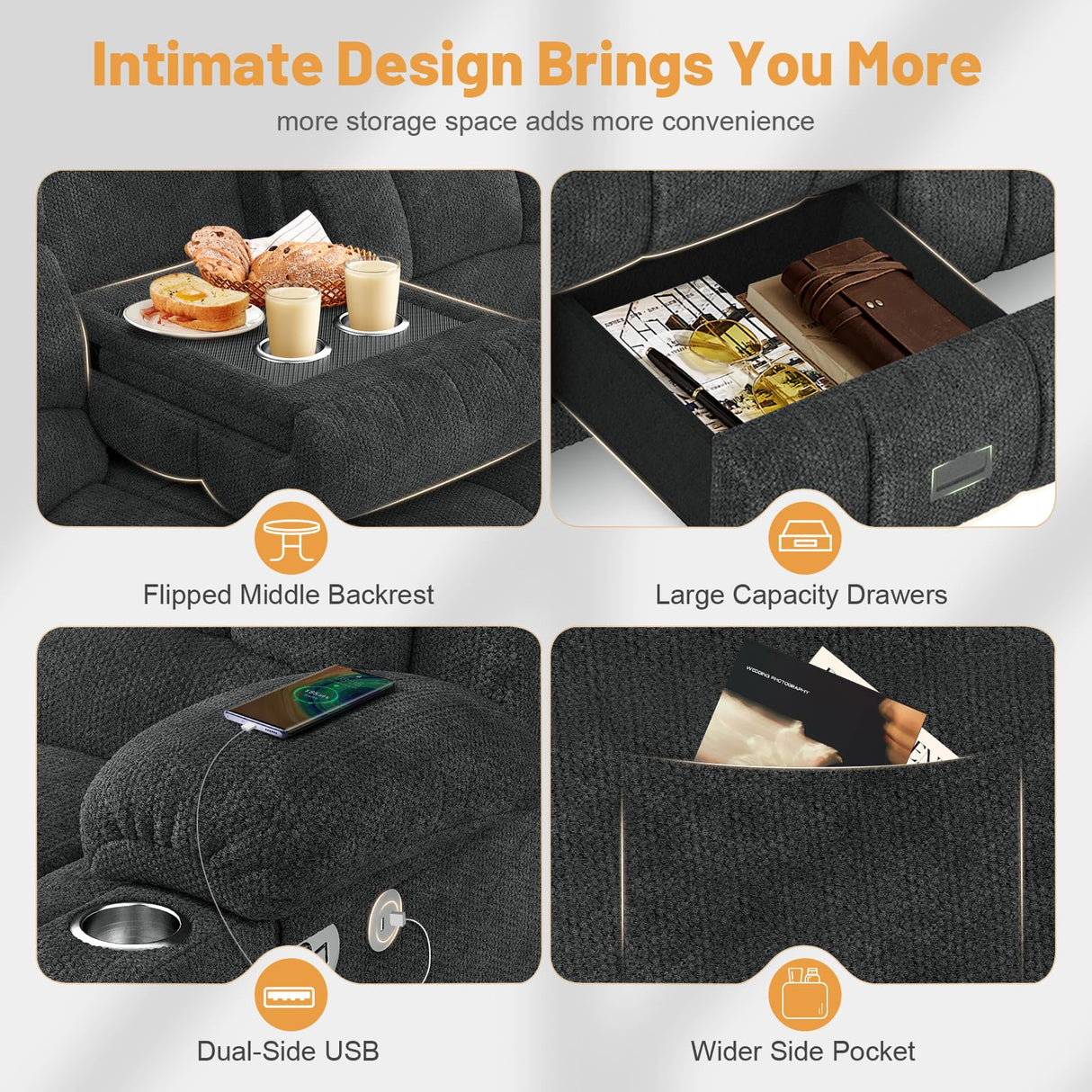 Dresegmt Loveseat Recliner Sofa, Flip Middle Backrest Design 3 Seat Reclining Sofa with Storage Drawer, USB Ports & Cup Holders, Manual Couch for Living Room/Home Theater/RV (Gray) Dresegmt