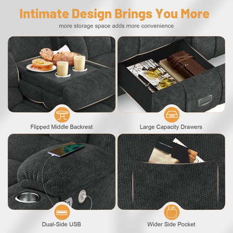Dresegmt Loveseat Recliner Sofa, Flip Middle Backrest Design 3 Seat Reclining Sofa with Storage Drawer, USB Ports & Cup Holders, Manual Couch for Living Room/Home Theater/RV (Gray) Dresegmt