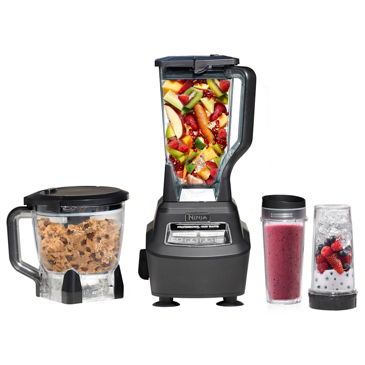 Ninja BL770 Mega Kitchen System, 1500W, 4 Functions for Smoothies, Processing, Dough, Drinks & More, with 72 Blender Pitcher, 64 Processor Bowl, (2) 16-oz. to-Go, Black, with 2 Nutri Cups + Lids Ninja
