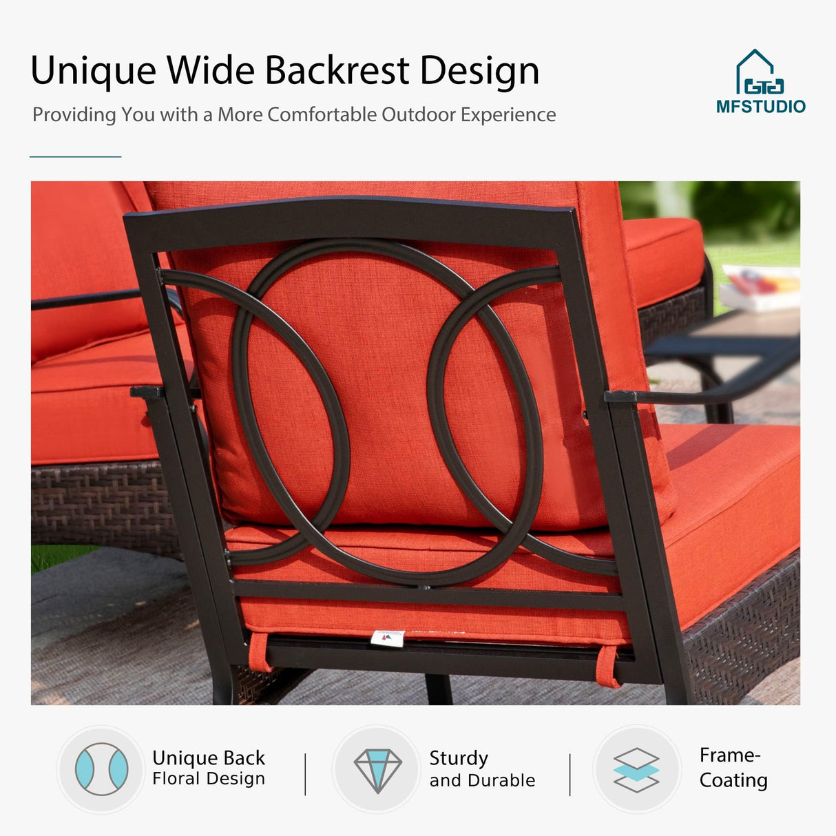 MFSTUDIO 5 Pieces Outdoor Patio Furniture Set, Metal Outdoor Conversation Sofa, Rattan Wicker Patio Sectional Sofa Set with 4 x Swivel Single Sofa, 1 x Fire Pit Table, Red MFSTUDIO