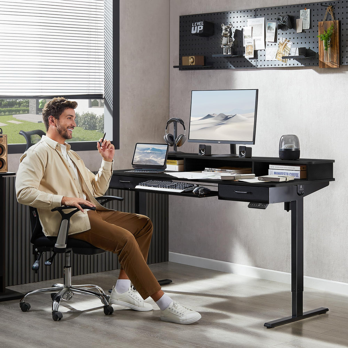 WALKINGDESK 55x24 Inches Electric Standing Desk with Keyboard Tray, Height Adjustable Stand up Desk with 2 Drawers, Ergonomic Sit to Stand Desk with Storage Monitor Stand, Computer Table, Black WALKINGDESK
