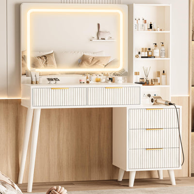 Vanity Desk with Mirror and Lights, Makeup Vanity Desk with Power Outlet, Makeup Desk with 5 Drawers&Storage Shelves, Vanity Table 3 Color Modes Adjustable Brightness Dressing Table Set for Bedroom