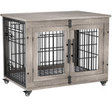 Lulive Dog Crate Furniture, Dog Kennel Indoor Double Doors Wooden Dog Cage, 33'' Heavy Duty Dog Crate with Cushion & Wheels, Decorative End Table Pet House Chew-Resistant for Medium/Small Dog, Grey Lulive
