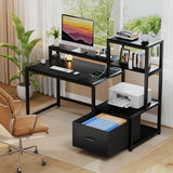 GreenForest Computer Desk with Drawers and Monitor Stand, Home Office Desk with Storage Shelves, Small Gaming Desk with Power Outlets and LED Lights for Study Writing Working, 51 inch Black GreenForest