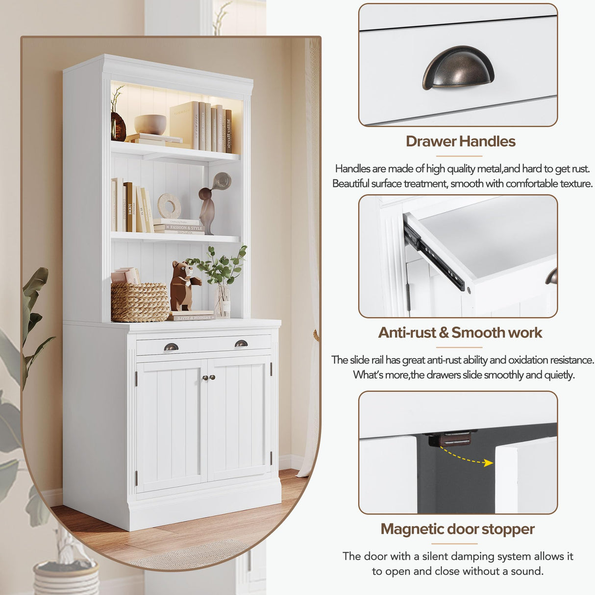 LUMISOL Modern White Pantry Sideboard Set with LED, 84” Tall Storage Cabinet and Bookshelf with 4 Doors and 2 Drawers LUMISOL