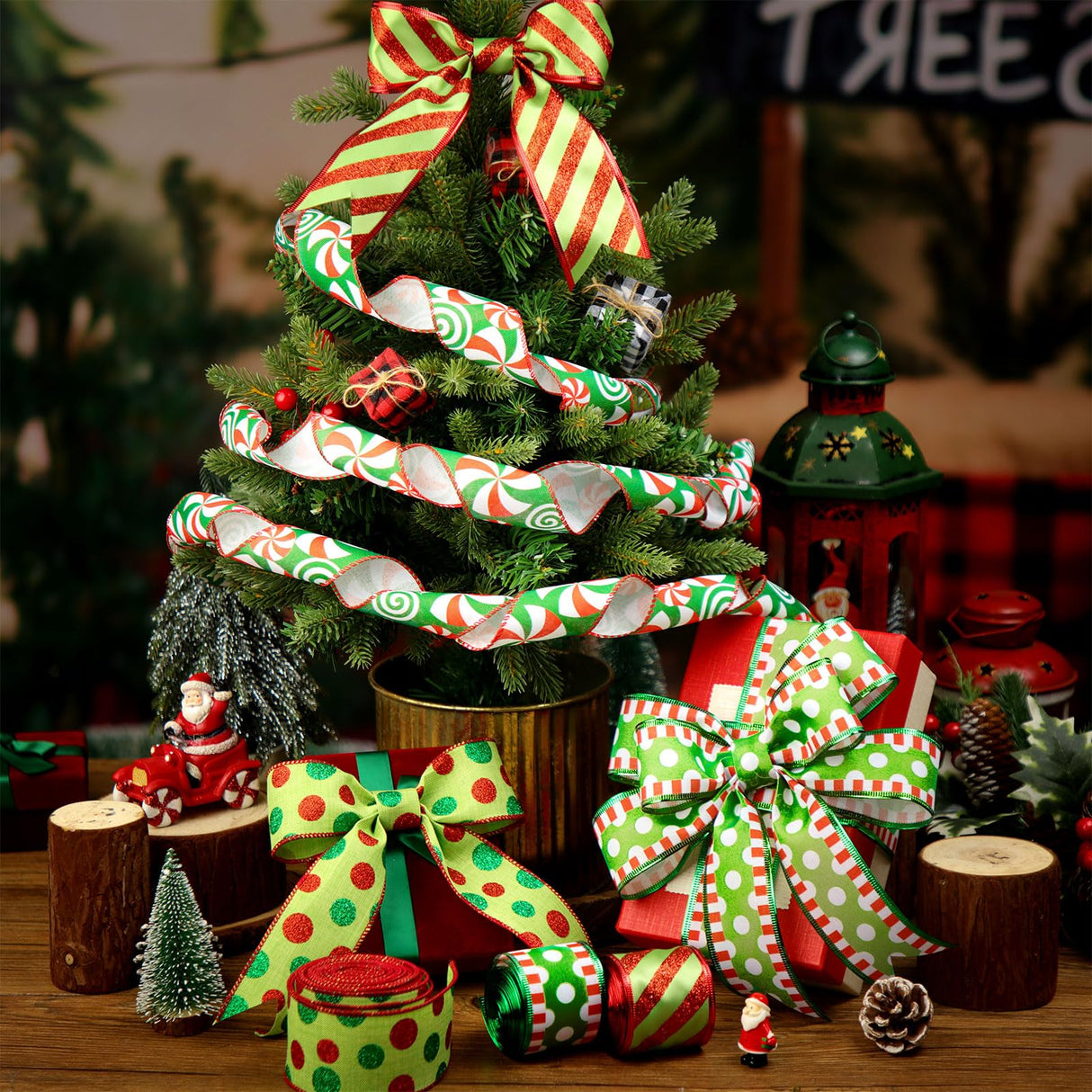 Riceshoot 4 Roll 40 Yards Christmas Wired Ribbon 1.97 Inch Red and Green Christmas Wrapping Ribbon Wide Wired Edge Polka Dot Glitter Stripe Decor for Xmas Holiday Wreath Bow Xmas Tree DIY Craft Riceshoot