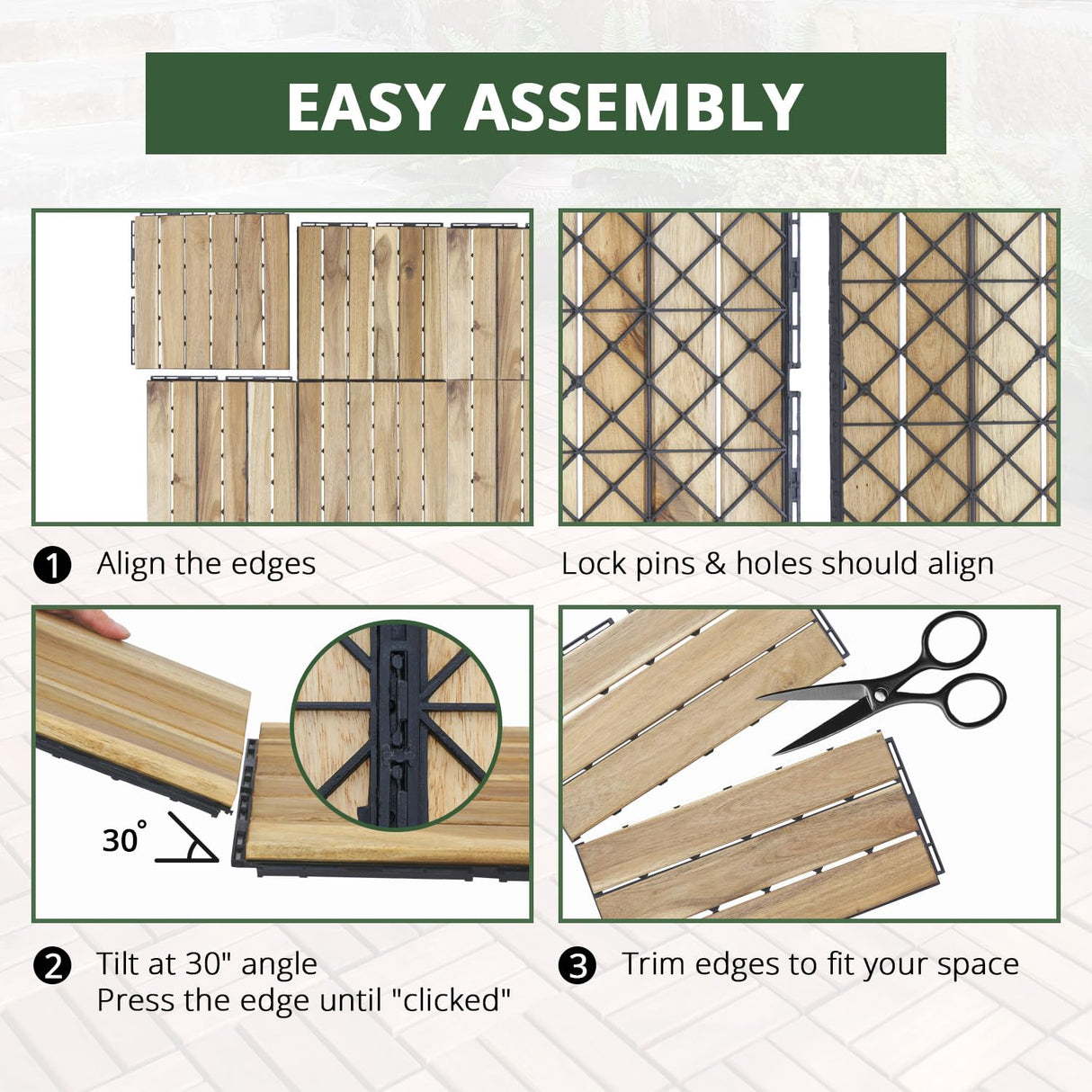 BEEFURNI Acacia Interlocking Deck Tiles (10PCS 12"x 12"), Wood Deck Tiles Interlocking Outdoor All Weather, Patio Flooring for Indoor Outdoor use, Easy Assembly, 1-Year Warranty (Natural Wood) BEEFURNI