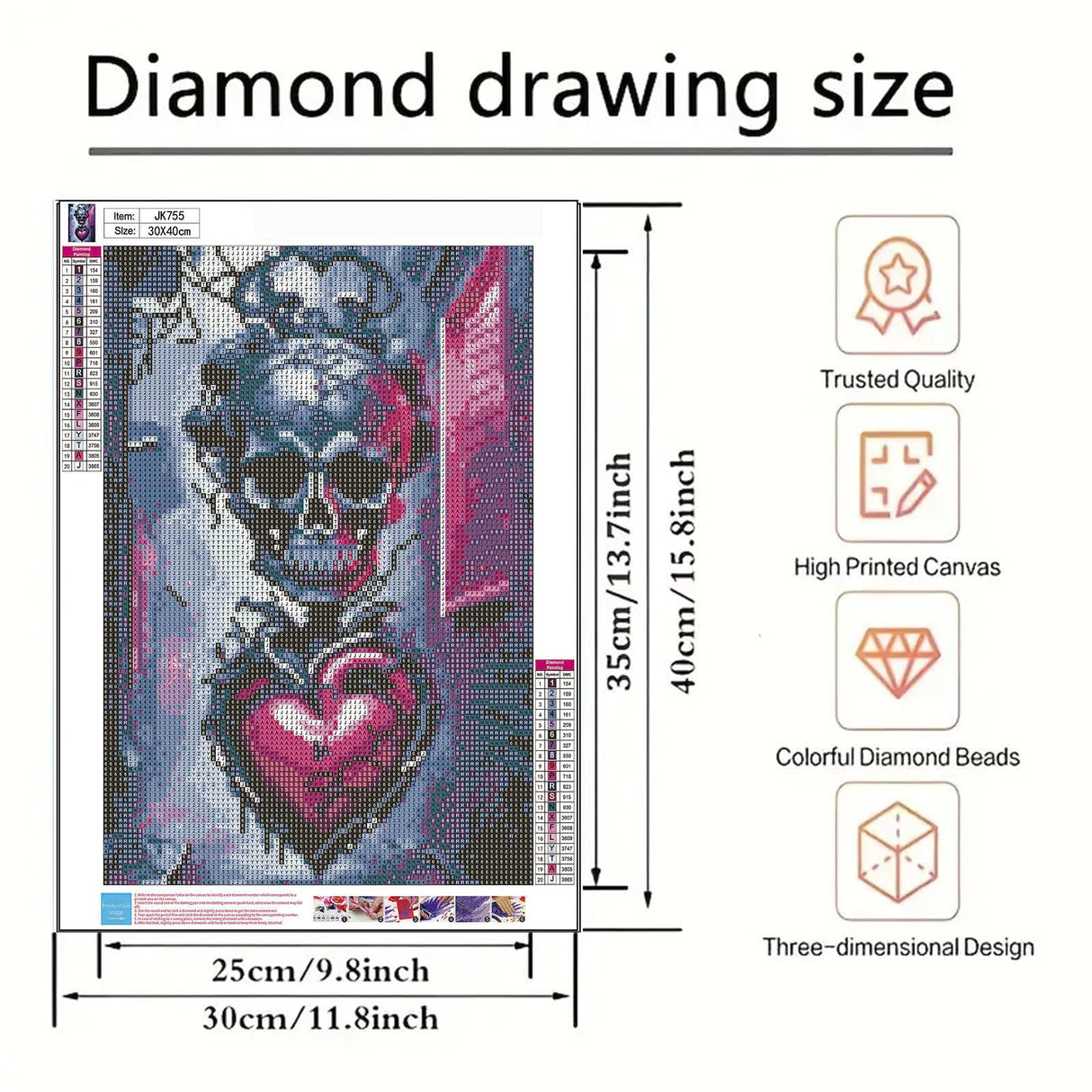 5D Diamond Art Kits for Adults, Skull Heart Diamond Painting Kits for Adults Beginner, DIY Full Drill Diamond Dot Gem Painting for Home Wall Decor 12x16inch BYGFHLYW