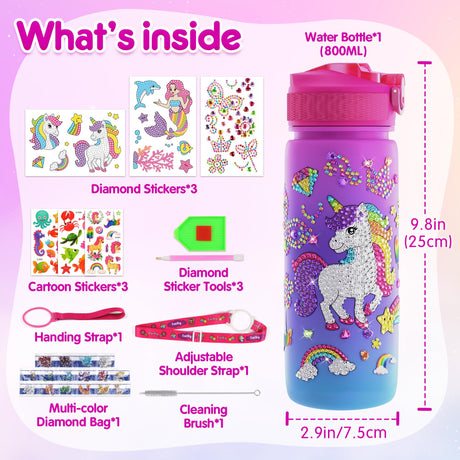 Mocoosy Decorate Your Own Water Bottle Kit for Girls, Art Crafts for Kids Ages 4-6-8-12, Unicorn & Mermaid Diamond Art Painting Toys Summer Craft Activity Birthday Gift Ideas for Girls 5-10 Years Old Mocoosy