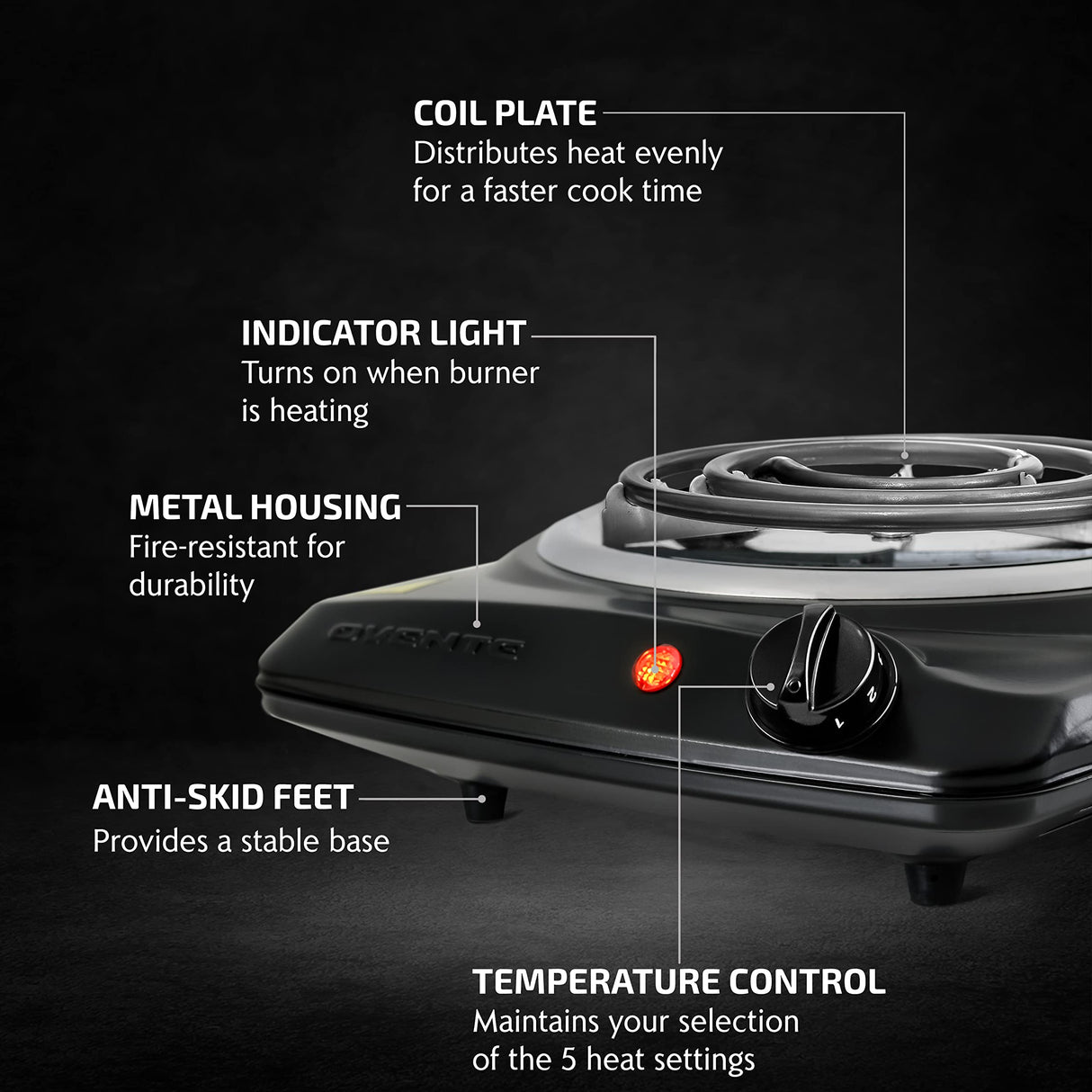 OVENTE Electric Countertop Single Burner, 1000W Cooktop with 6" Stainless Steel Coil Hot Plate, 5 Level Temperature Control, Indicator Light, Compact Cooking Stove and Easy to Clean, Black BGC101B OVENTE