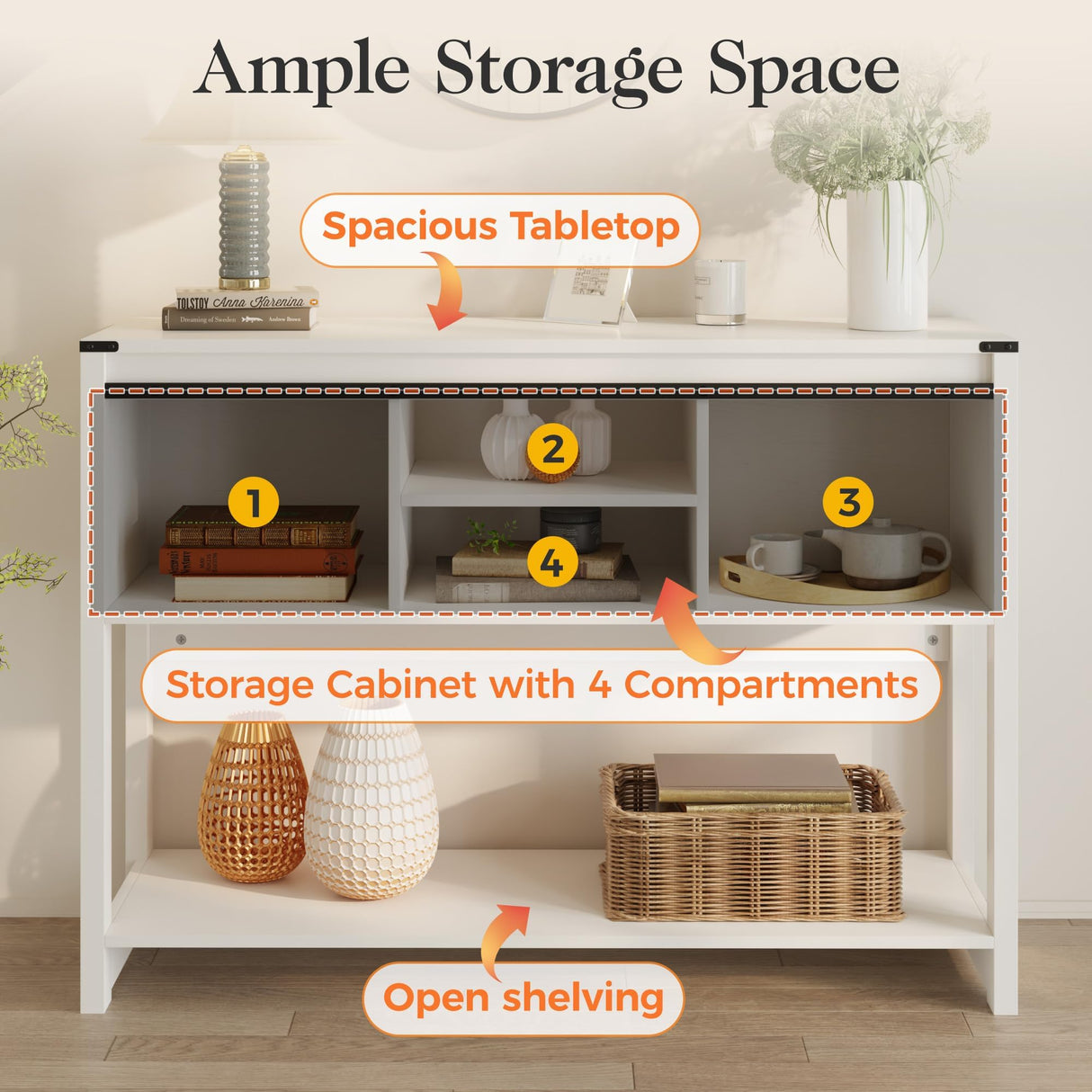 FansaFurn Console Table with Storage Shelf & Sliding Barn Door, Farmhouse Entryway Table with Storage, 46" Narrow Long Sofa, Behind Couch, Console Tables for Living Room (White) FansaFurn