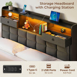 Rolanstar Bed Frame King Size with Drawers and Charging Station, Upholstered Platform Bed with Storage Headboard and LED Light, Heavy Duty Metal Frame Support, No Box Spring Needed, Noise Free, Grey Rolanstar