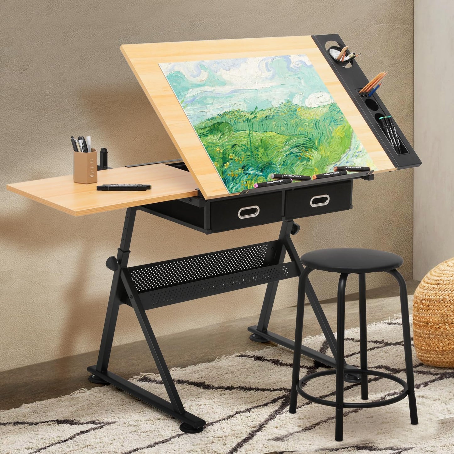 Athena Collection Drafting Table for Artists, Height Adjustable Drawing Table, Dual Desktop Art Desk Metal Frame Art Table Tiltable Craft Desk Paintings Work Station with Stool and Drawers, Natural