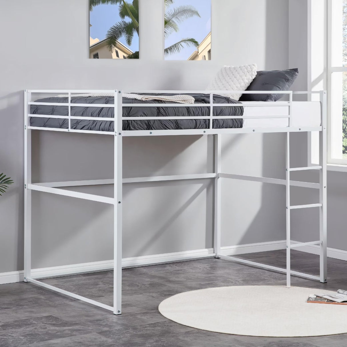 Suwopmvy Heavy Duty Metal Loft Bed Frame Twin Size with Safety Guard Rails & Built-in Ladder - Sturdy Space Saving Loft Bed for Kids, Teens, Adults, College Dorm, Studio Apartment (White, Twin) Suwopmvy