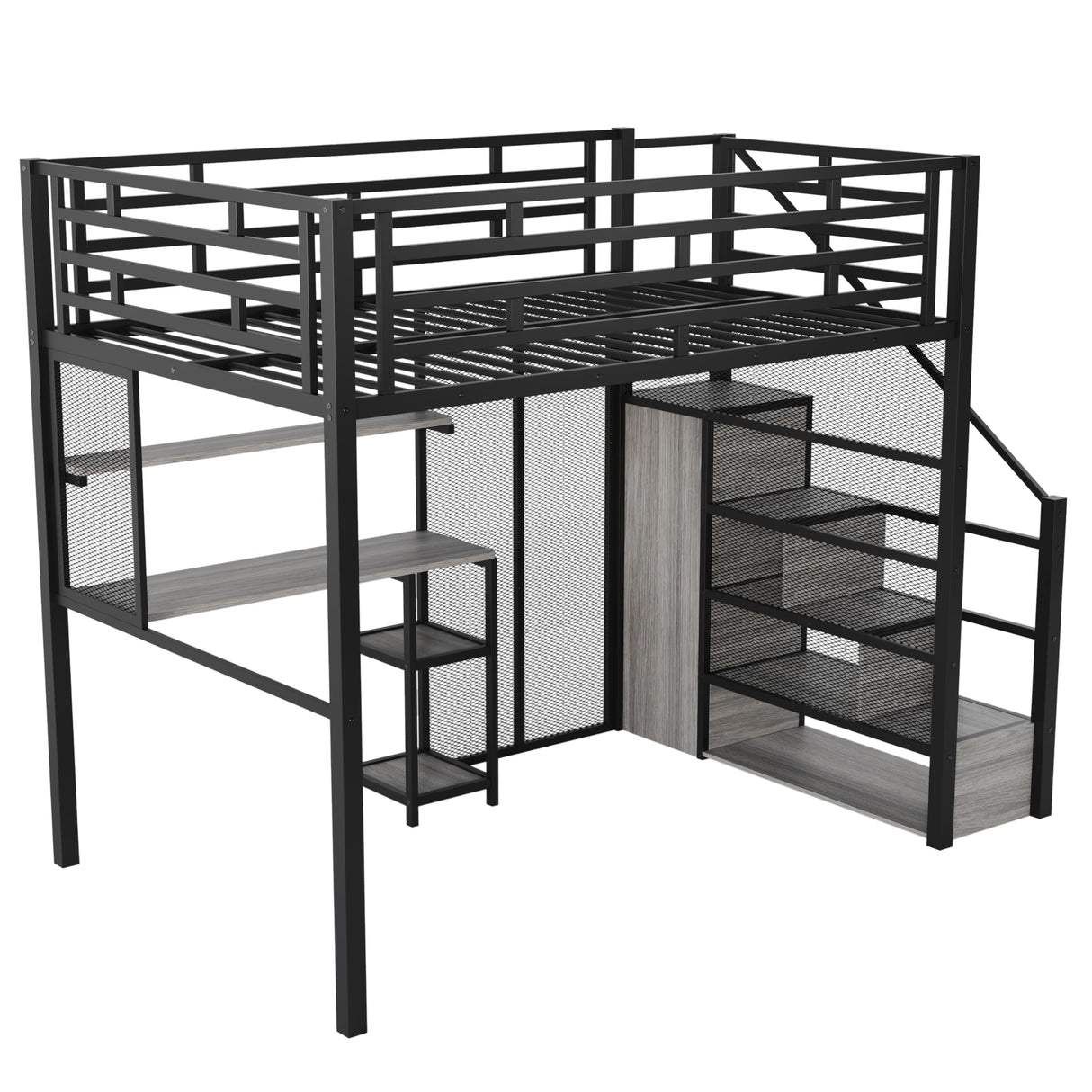 Merax Modern Full Heavy Metal Loft Bed with Wardrobe & Desk, Multifunction Loft Bed Frame with Staircase, Storage Shelves for Bedroom, Dorm, Appartment Space-Saving Black Merax